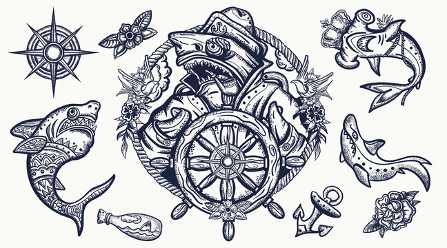 Sharks. Old school tattoo collection. Sea wolf, captain in the sea, sailor at helm. Tattooing art. Underwater life set. Strong hammerhead shark  fish