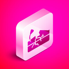 Isometric Earthquake icon isolated on pink background. Silver square button. Vector