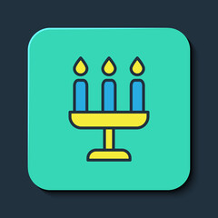 Filled outline Candelabrum with three candlesticks icon isolated on blue background. Turquoise square button. Vector