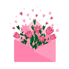 Valentine's Day. Envelope with a bouquet of flowers and hearts. Postcard for the wedding, birthday. Vector illustration.