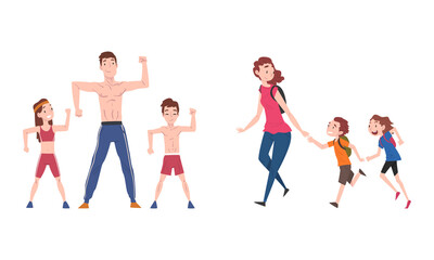 Parents and Their Kids Having Good Time Together Hiking with Backpack and Doing Physical Exercise Vector Set