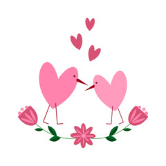 Valentine's Day. Birds in the shape of a heart and flowers. Postcard for the wedding, birthday. Vector illustration.