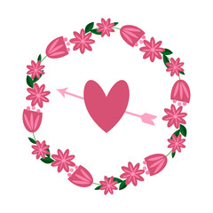 Valentine's Day. A wreath of flowers, a heart and an arrow. Postcard for the wedding, birthday. Vector illustration.