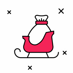 Filled outline Christmas santa claus sleigh with sack bag icon isolated on white background. Merry Christmas and Happy New Year. Vector