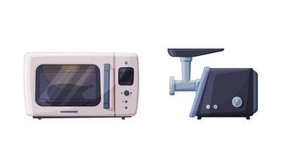 Meat Grinder and Microwave Oven as Home or Household Electric Appliance Vector Set