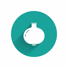 White Pomegranate icon isolated with long shadow. Garnet fruit. Green circle button. Vector