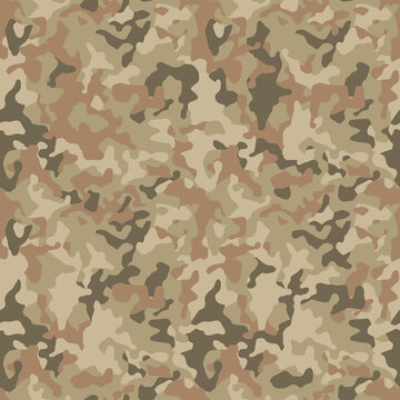 Military background of soldiers sand brown camo. Camouflaging seamless pattern. Modern camo texture for army clothing. Textile print. Vector 