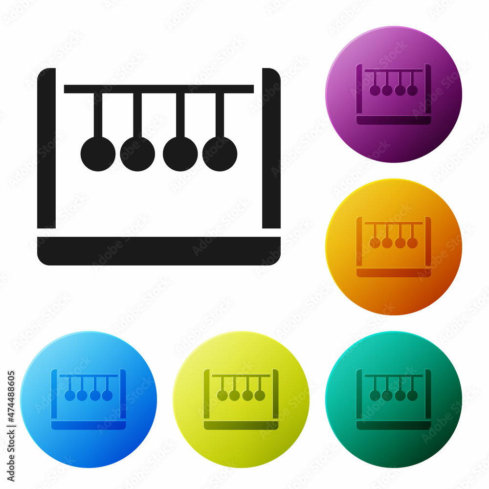 Poster black pendulum icon isolated on white background. newtons cradle. set icons in color circle buttons.