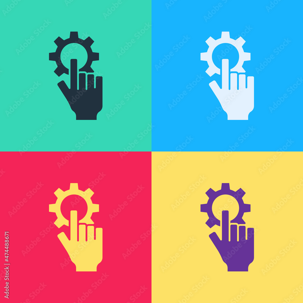 Poster pop art settings in the hand icon isolated on color background. vector