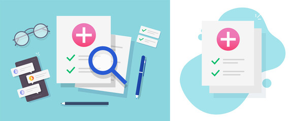 Research of medical health check up results report on work desk table flat lay vector or medicine healthcare insurance paper list cartoon illustration, analyzing patient diagnose history card