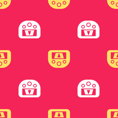 Yellow Gps device with map icon isolated seamless pattern on red background. Vector