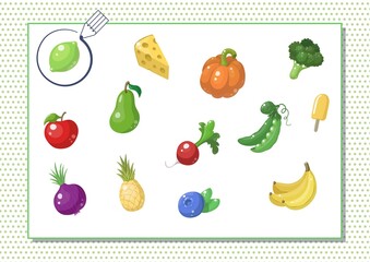 Circle green color. Kindergarten worksheet to help children strengthen his visual discrimination skills. Cute cartoon food.
