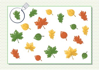 Circle green color. Kindergarten worksheet to help children strengthen his visual discrimination skills. Cute cartoon leaves.