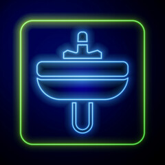 Glowing neon Washbasin with water tap icon isolated on blue background. Vector