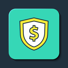 Filled outline Shield with dollar symbol icon isolated on blue background. Security shield protection. Money security concept. Turquoise square button. Vector