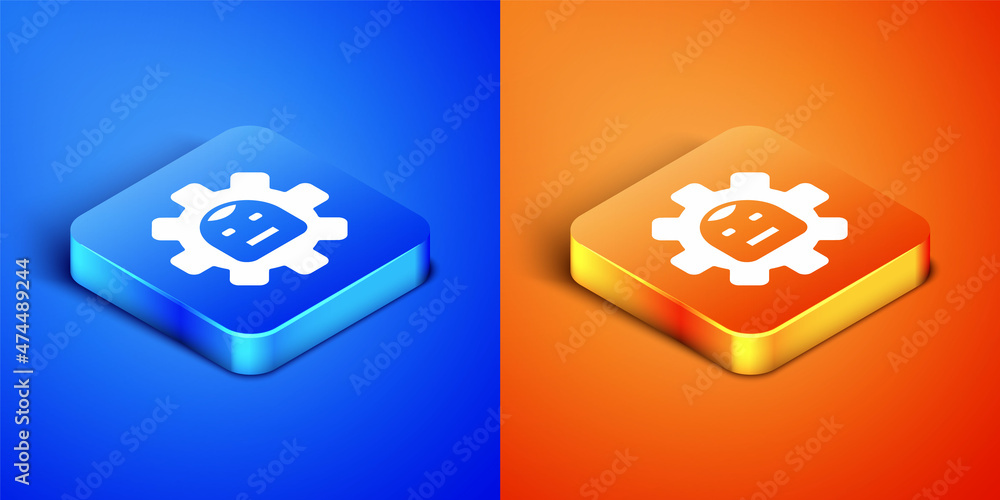 Poster isometric robot icon isolated on blue and orange background. artificial intelligence, machine learni