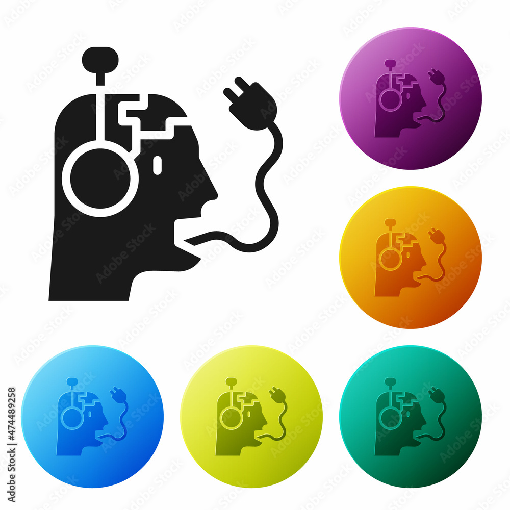 Poster Black Robot charging battery icon isolated on white background. Artificial intelligence, machine learning, cloud computing. Set icons in color circle buttons. Vector