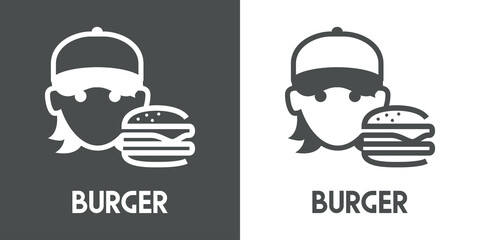 Logotipo empleado. Banner con texto Burger y cara de chica con gorra de béisbol con hamburgesa estampado con líneas en fondo gris y fondo blanco