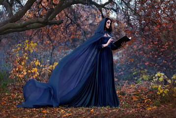 Art photography. Woman witch holds book in hands reads spell. Black clothes, cloak dress flies in...