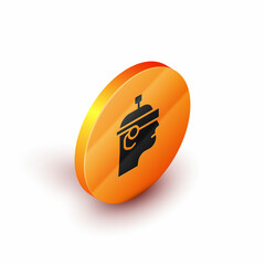 Isometric Smart glasses mounted on spectacles icon isolated on white background. Wearable electronics smart glasses with camera and display. Orange circle button. Vector