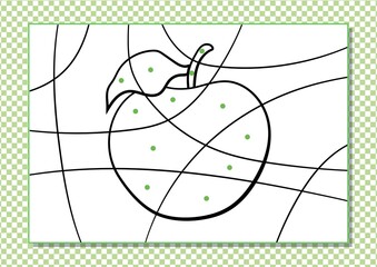 Cartoon coloring by dots for Kids. Printable worksheet. Cartoon apple