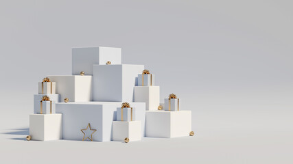 Christmas podium for branding and packaging presentation. Product display with gift boxes, white geometric cubes. Christmas showcase. Cosmetic and fashion. 3d illustration. 3d render.