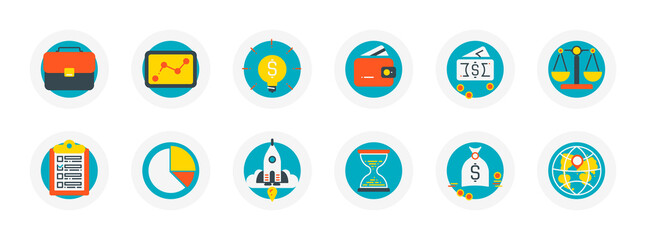 Set of flat vector icons related to business theme. Money, scales, clock