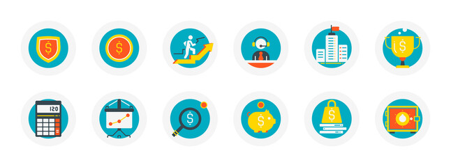 Set of flat vector icons related to business theme. Growth, support, wealth