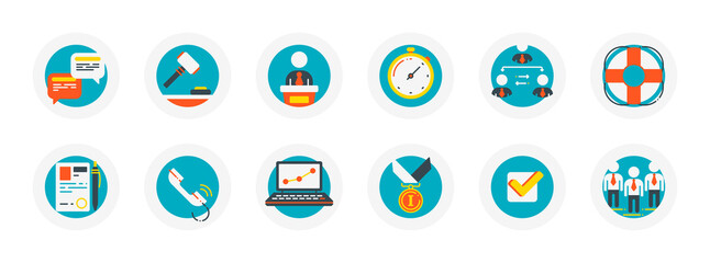 Set of flat vector icons related to business theme. Hierarchy, medal, winner