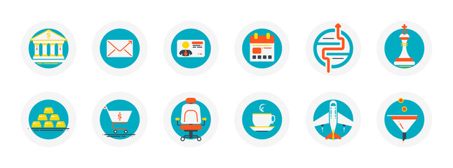 Set of flat vector icons related to business theme. Bank, message, card