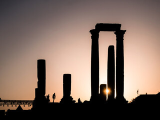 Detail close up View of Temple of Hercules roman temple remains in Amman citadel, Jordan at sunset.