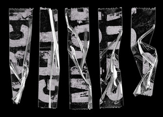 transparent adhesive tape or strips isolated on black background with alphabet letters, crumpled plastic snips, poster design overlays or elements.