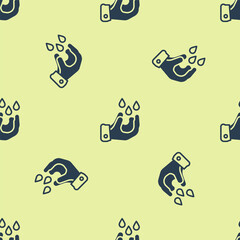 Blue Wudhu icon isolated seamless pattern on yellow background. Muslim man doing ablution. Vector