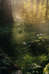 The sun's rays pass through the branches in the fog