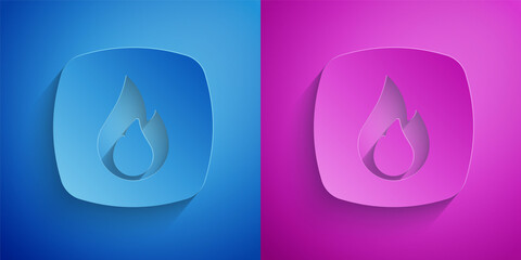 Paper cut Fire flame icon isolated on blue and purple background. Paper art style. Vector