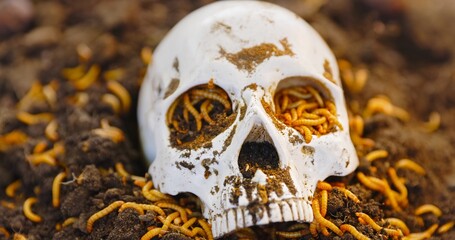 Maggots crawling on dead skull closeup photo