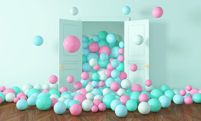 Colorful Bunch of Birthday Balloons Flying for Party in Door open Room. 3D illustration, 3D rendering	
