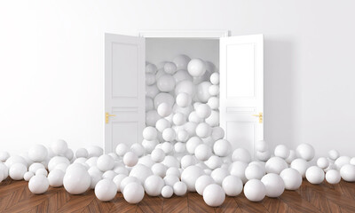 Colorful Bunch of Birthday Balloons Flying for Party in Door open Room. 3D illustration, 3D rendering	
