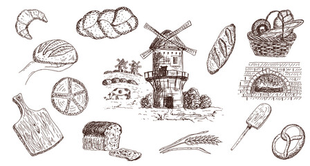 Landscape with a mill. Oven for baking bread. Challah, baguette, pretzel, bagel, pita, ciabatta, loaf. Vector illustration of bread products. Sketch.
