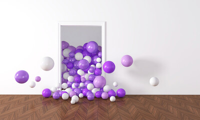 Colorful Bunch of Birthday Balloons Flying for Party in Door open Room. 3D illustration, 3D rendering	
