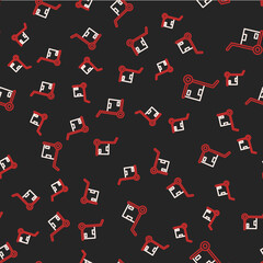 Line Hand truck and boxes icon isolated seamless pattern on black background. Dolly symbol. Vector