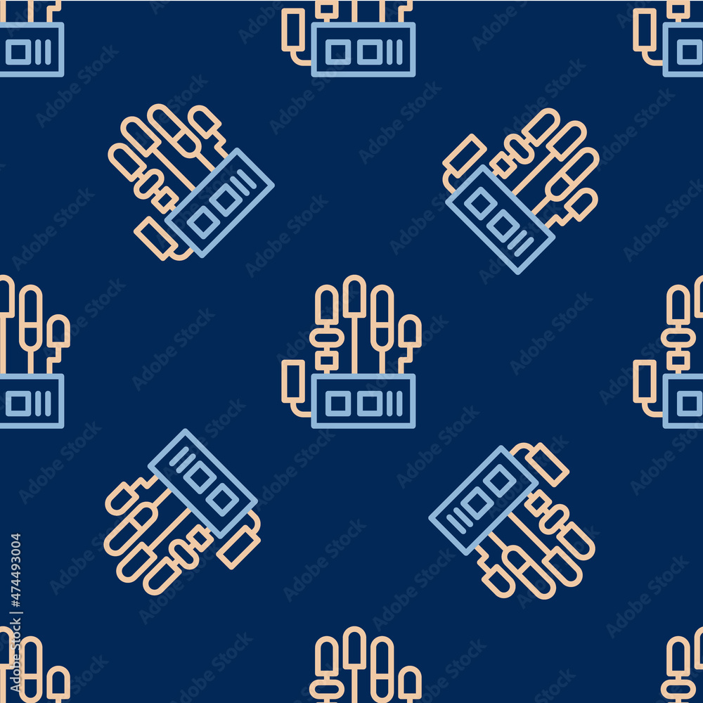 Poster line mechanical robot hand icon isolated seamless pattern on blue background. robotic arm symbol. te