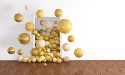 Colorful Bunch of Birthday Balloons Flying for Party in Door open Room. 3D illustration, 3D rendering	
