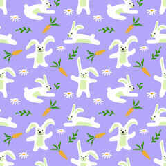 Cute hand drawn seamless pattern with funny bunnies, flowers, carrots and daisies on a trendy violet pink background, great for Easter cards, banners, textiles, wallpapers. Vector illustration