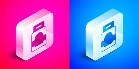 Isometric Laundry detergent for automatic wash machine icon isolated on pink and blue background. Silver square button. Vector