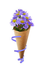 Purple aster amellus flowers in a small bouquet wrapped in paper craft cornet with curled ribbon isolated