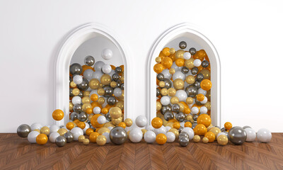 Colorful Bunch of Birthday Balloons Flying for Party in Door open Room. 3D illustration, 3D rendering	