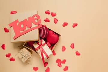 Valentine's day.Gift boxes set in nude on a monochrome background, holiday concept, wedding invitation, birthday cards and mothers day Long banner,valentines day postcard.