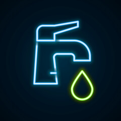 Glowing neon line Water tap icon isolated on black background. Colorful outline concept. Vector