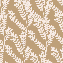 Seamless vector pattern with white silhouettes of herbs on beige background. Twigs with small leaves. Good print for wallpaper, textile, wrapping paper, ceramic tiles in soft sepia tones